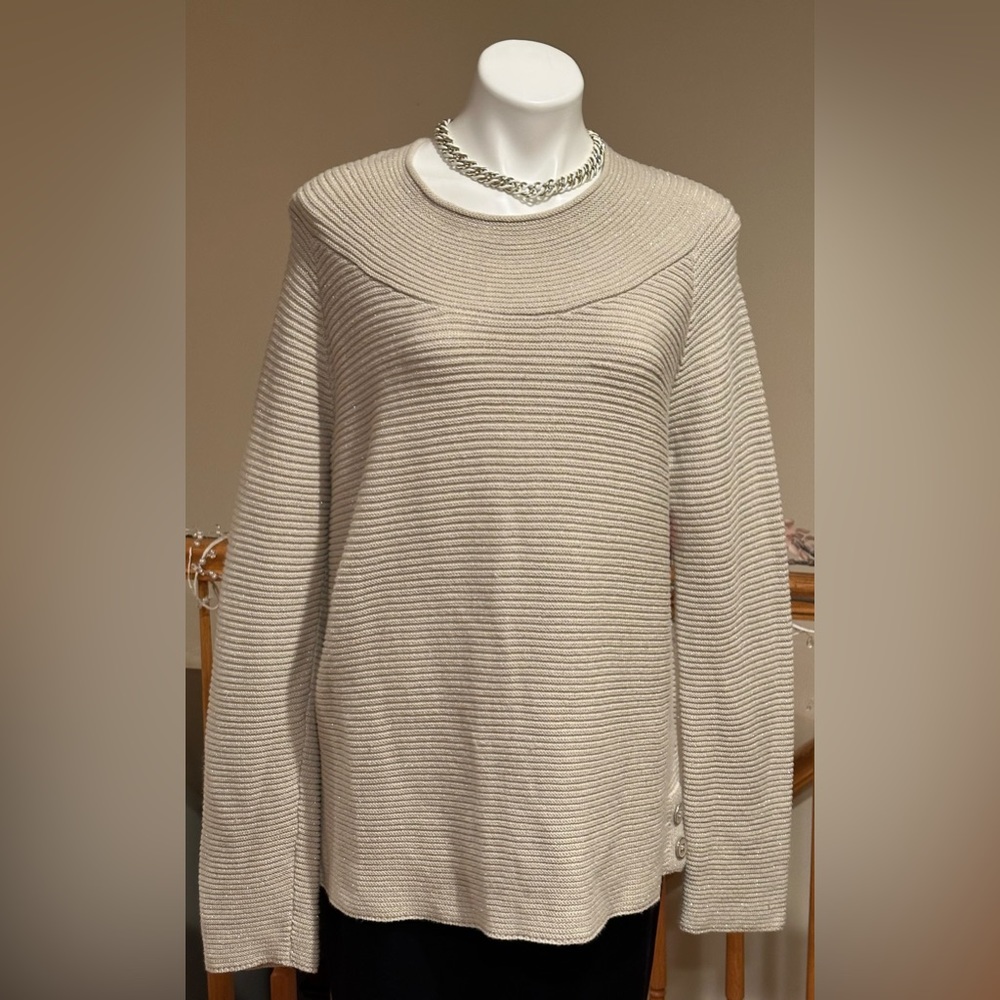 Talbots Cream Gold Metallic Knitted Sweater Long Sleeves Round Neck Sz XL.
